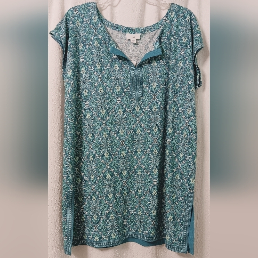NWT J. jill Linen Blend Teal Patterned Women's Top
